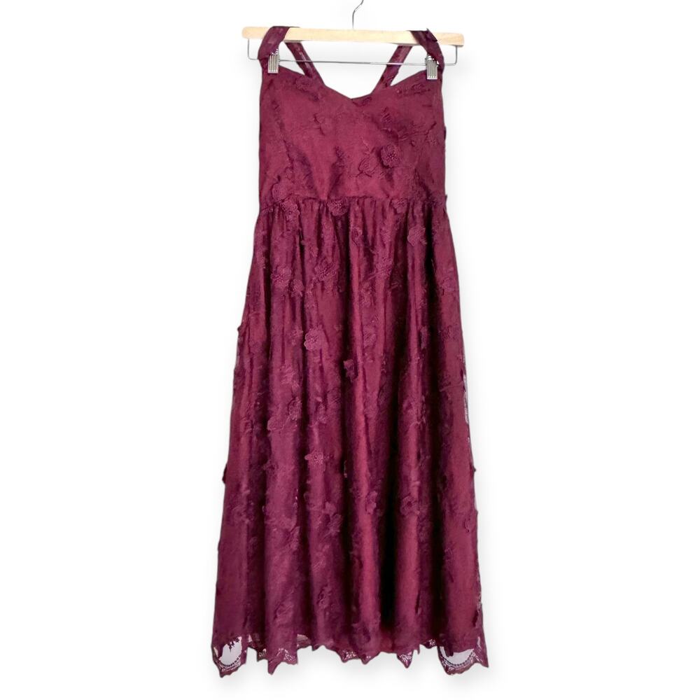 Modcloth Burgundy Sheer Floral Embroidered Halter Neck Fairy Goth Dress Womens M